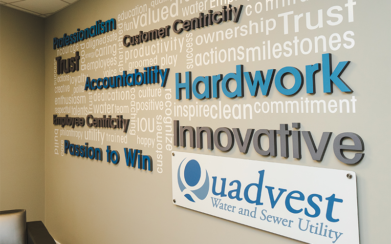 Quadvest mission statement and values wall in their corporate office. 